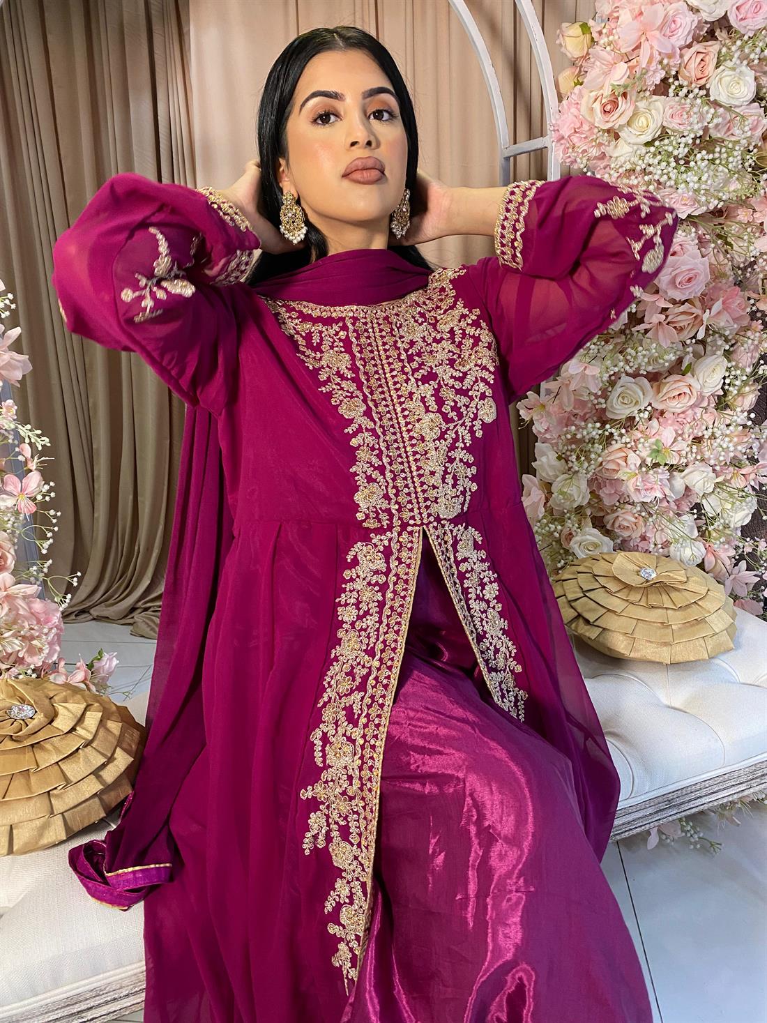 Magenta Embroidered Net Party Wear