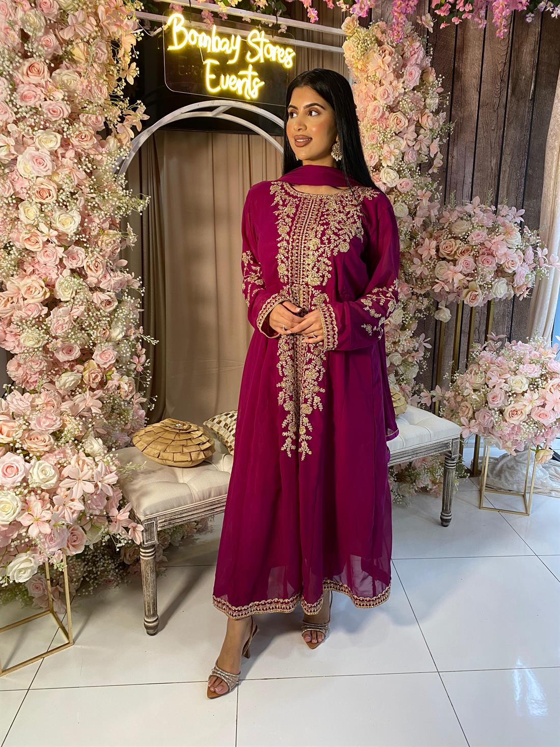 Magenta Embroidered Net Party Wear