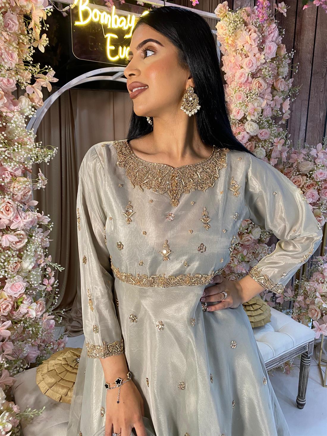 Grey Embroidered Net Party Wear