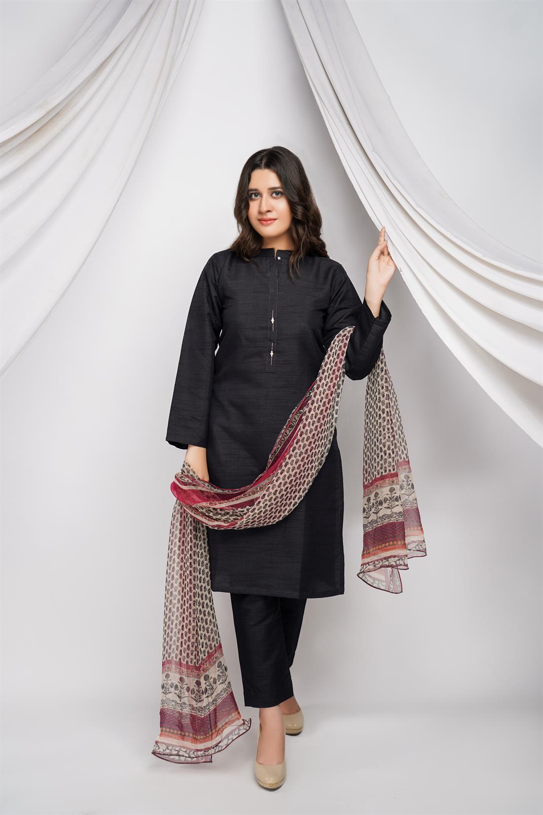 Black Printed Raw Silk 3 Piece