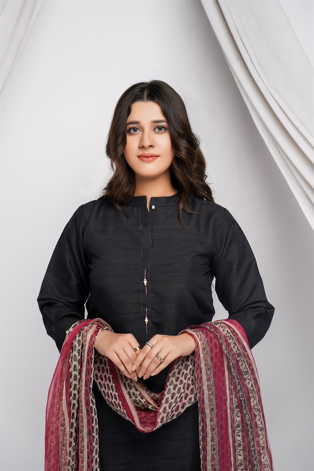 Black Printed Raw Silk 3 Piece