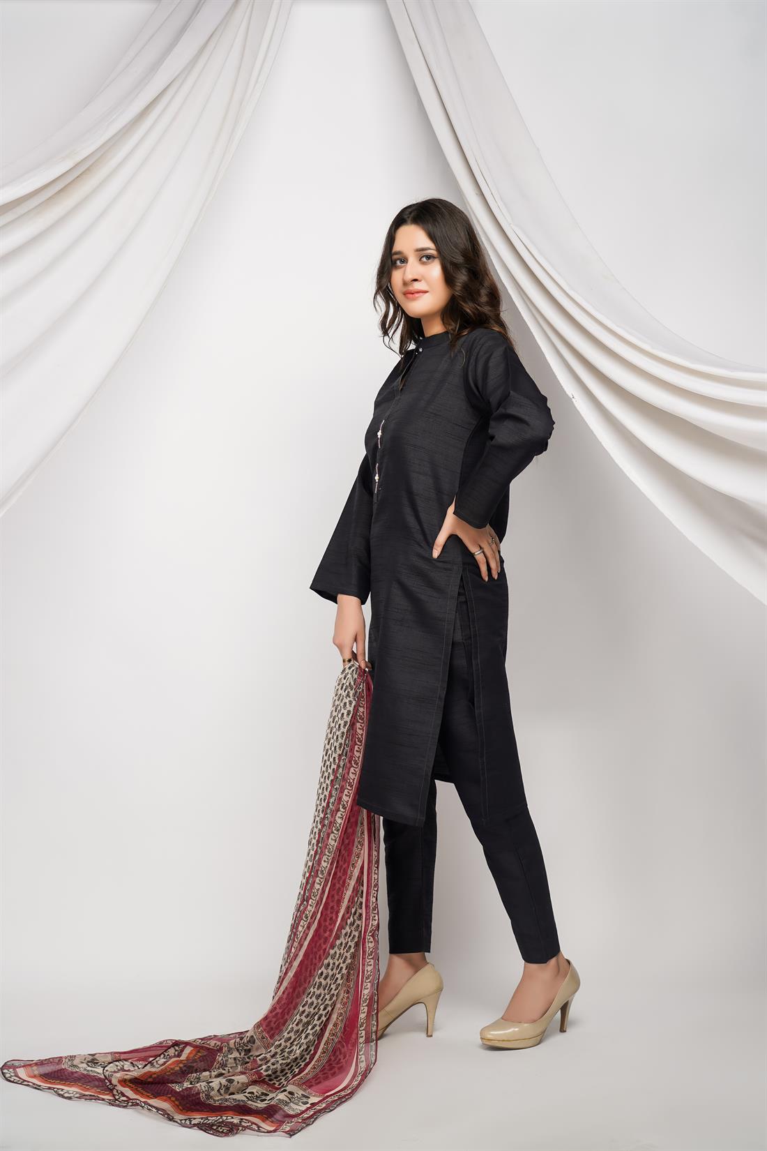 Black Printed Raw Silk 3 Piece