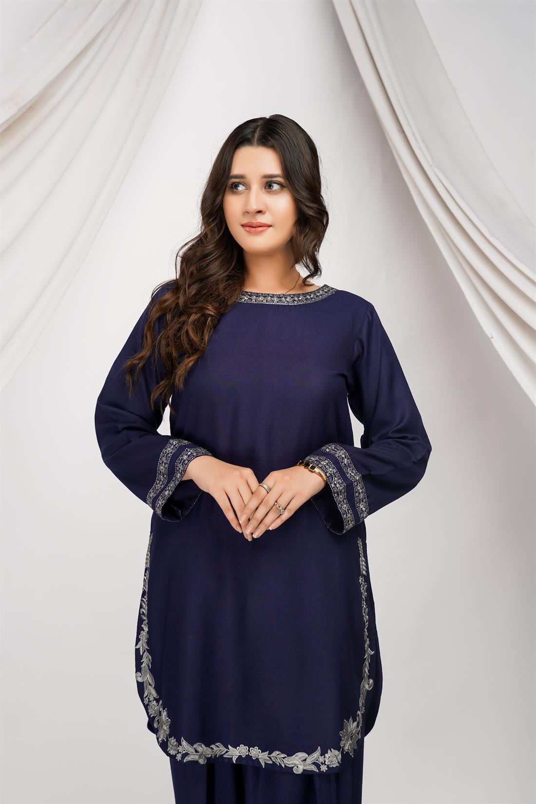 Navy Blue Embroidered Dhanak 2 Piece Suit