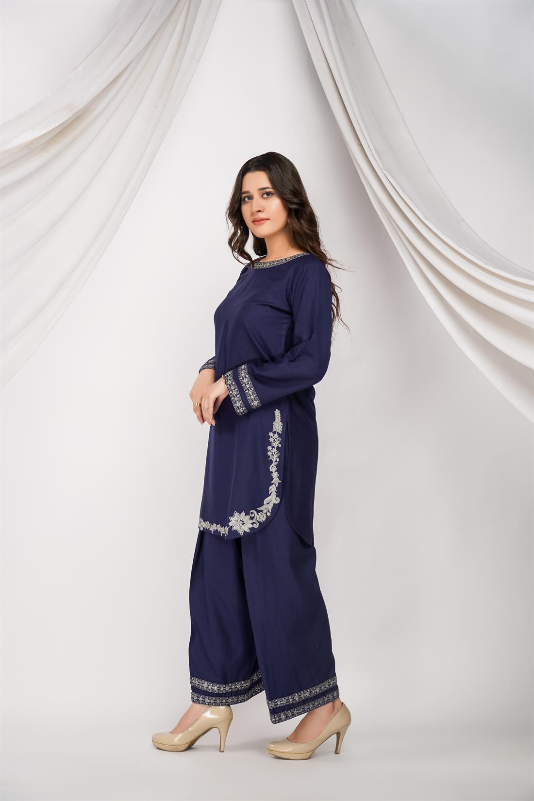 Navy Blue Embroidered Dhanak 2 Piece Suit