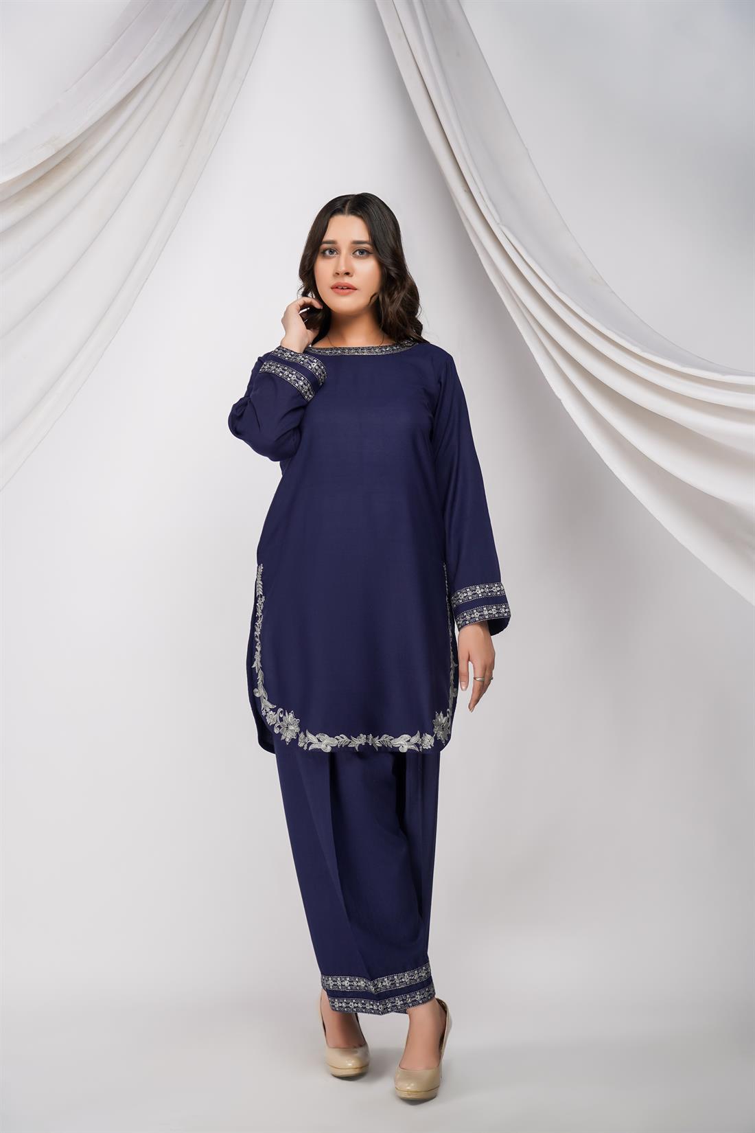 Navy Blue Embroidered Dhanak 2 Piece Suit