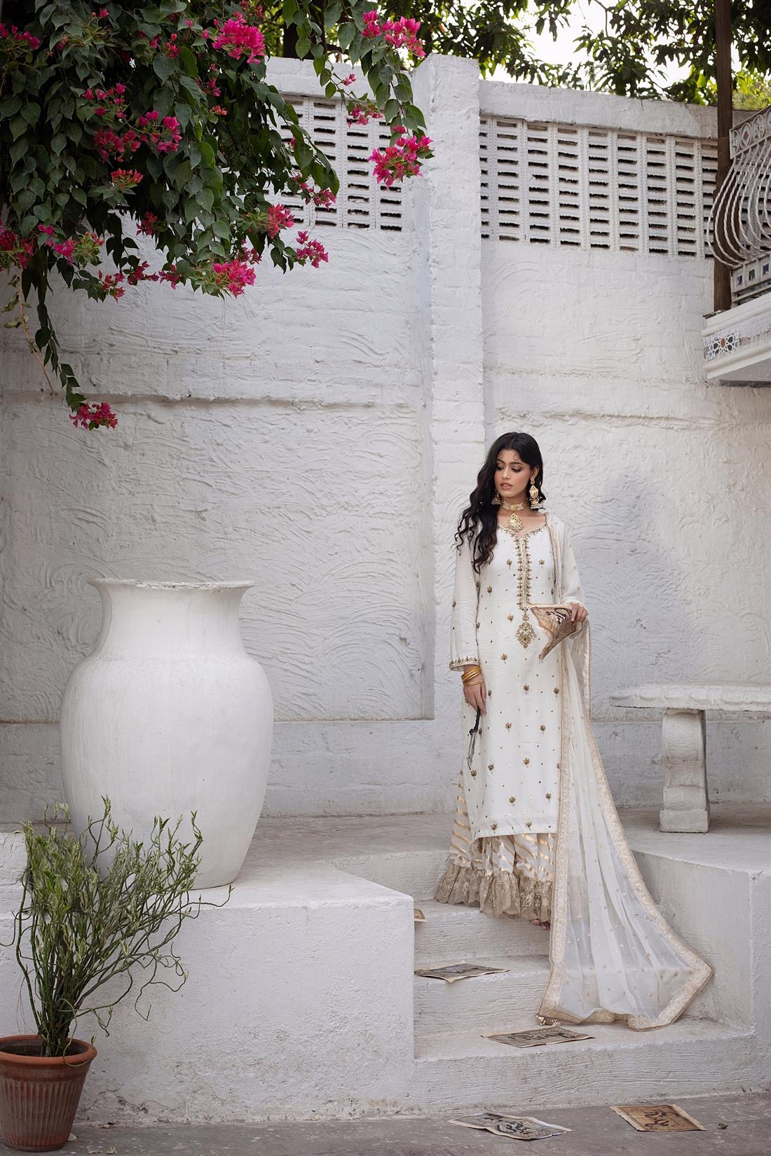 Off White Embroidered Raw Silk Gharara Stunning Party Wear