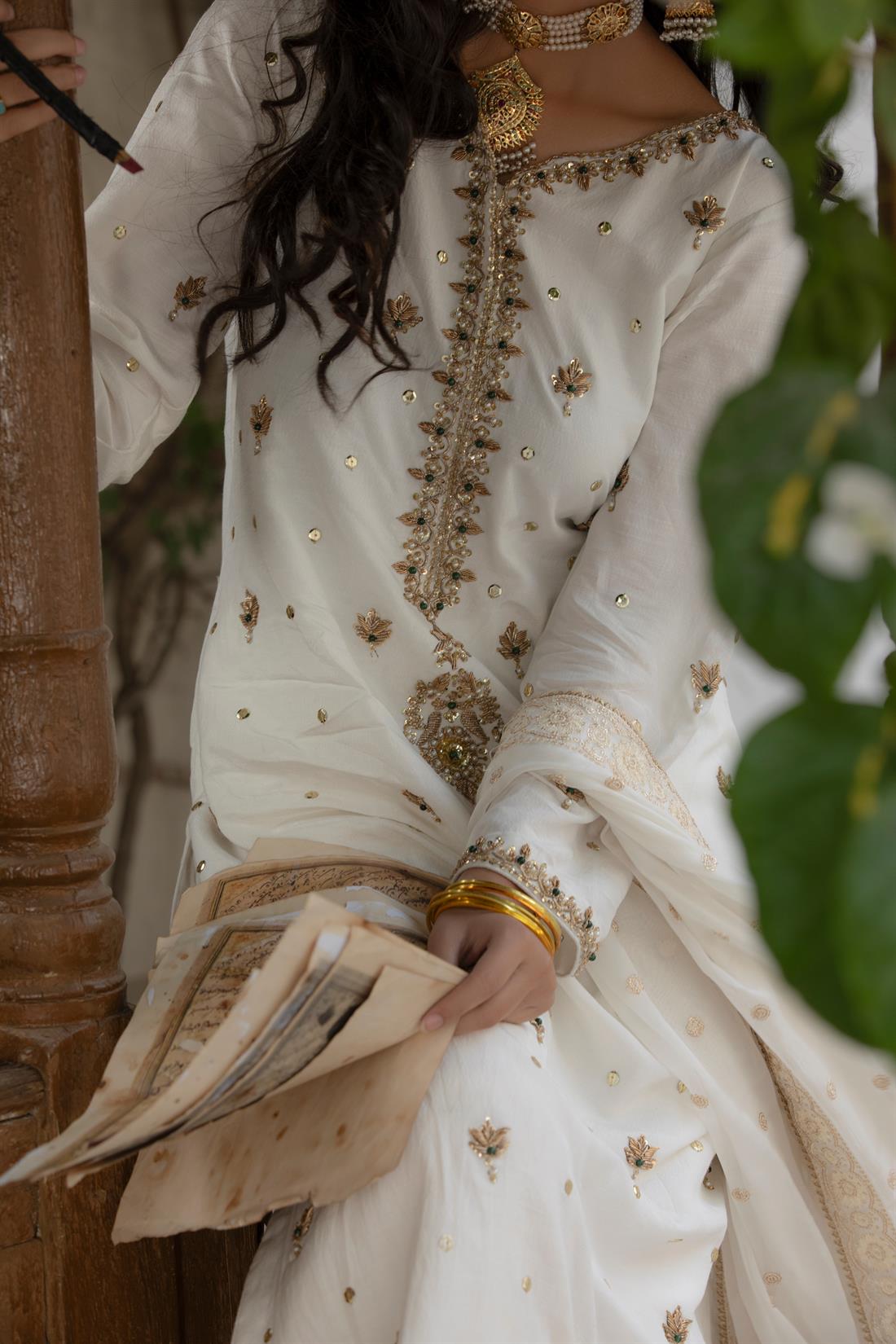 Off White Embroidered Raw Silk Gharara Stunning Party Wear