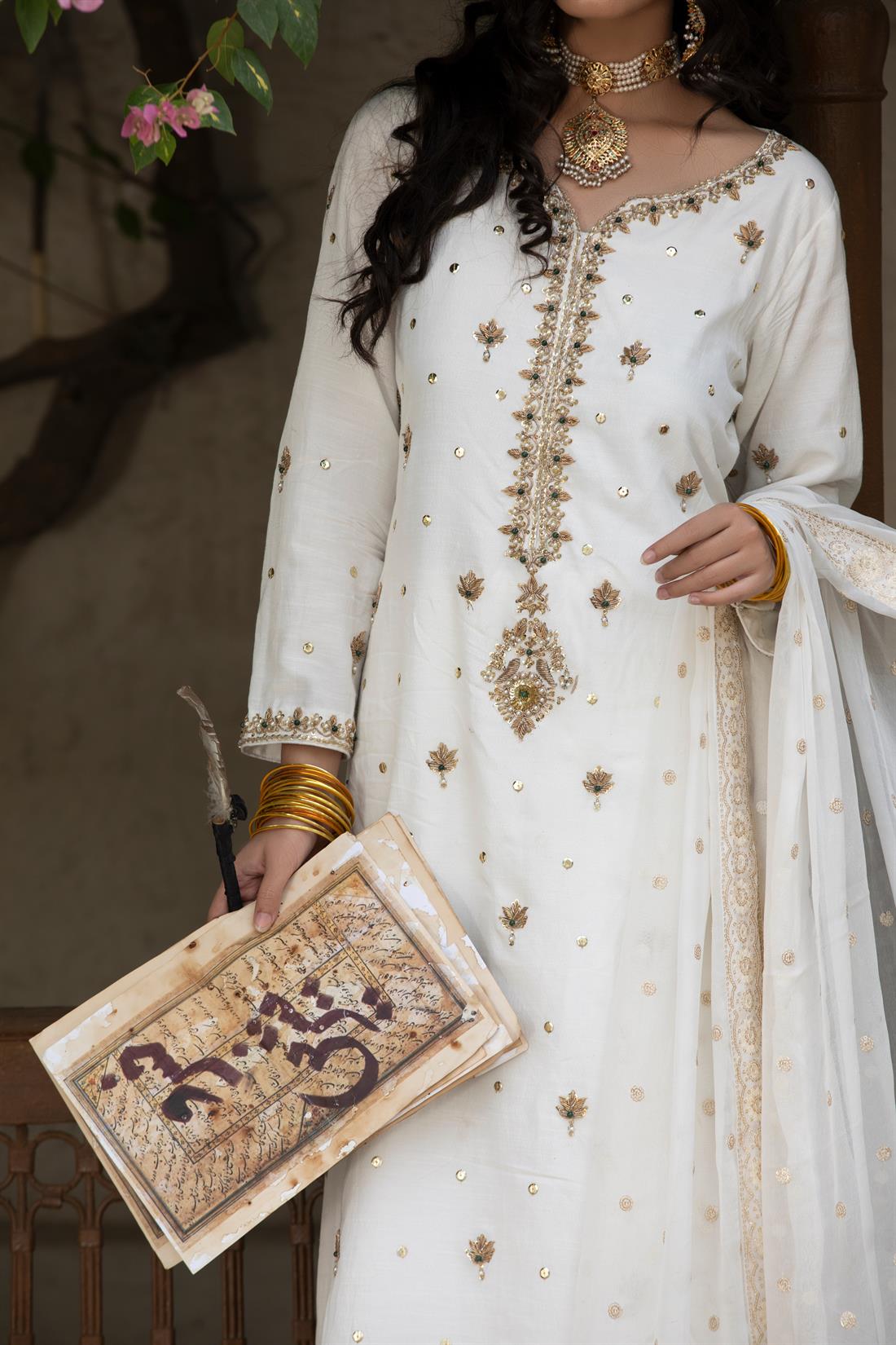 Off White Embroidered Raw Silk Gharara Stunning Party Wear