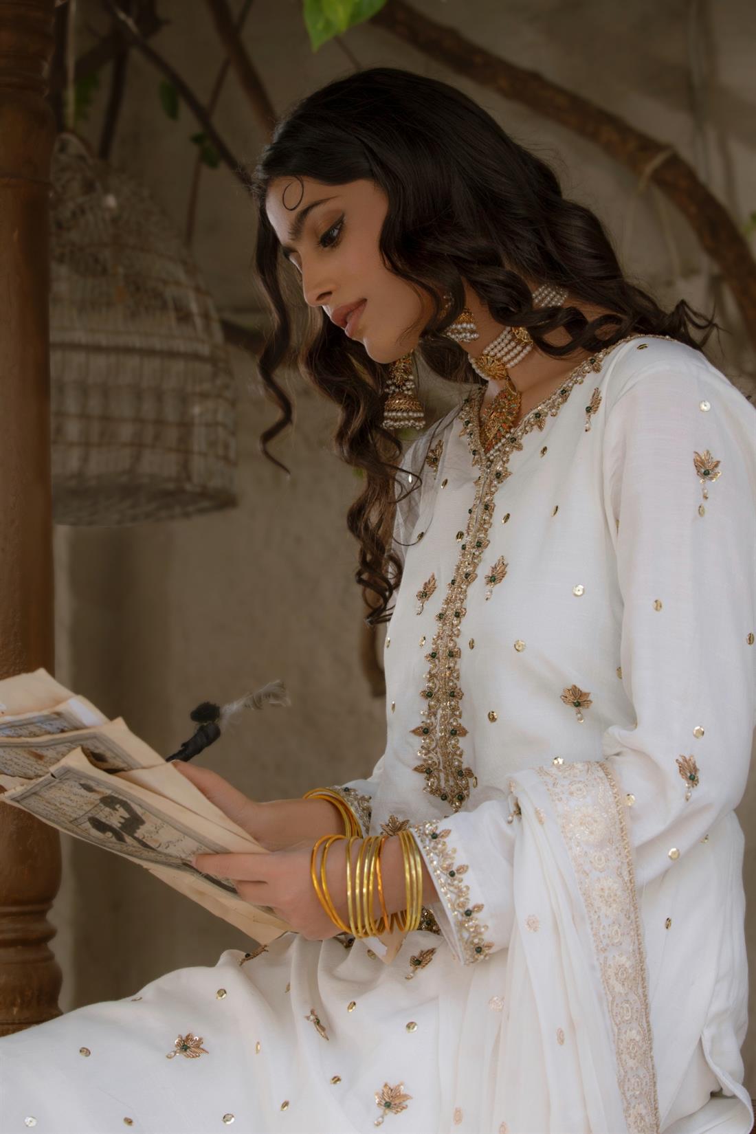 Off White Embroidered Raw Silk Gharara Stunning Party Wear