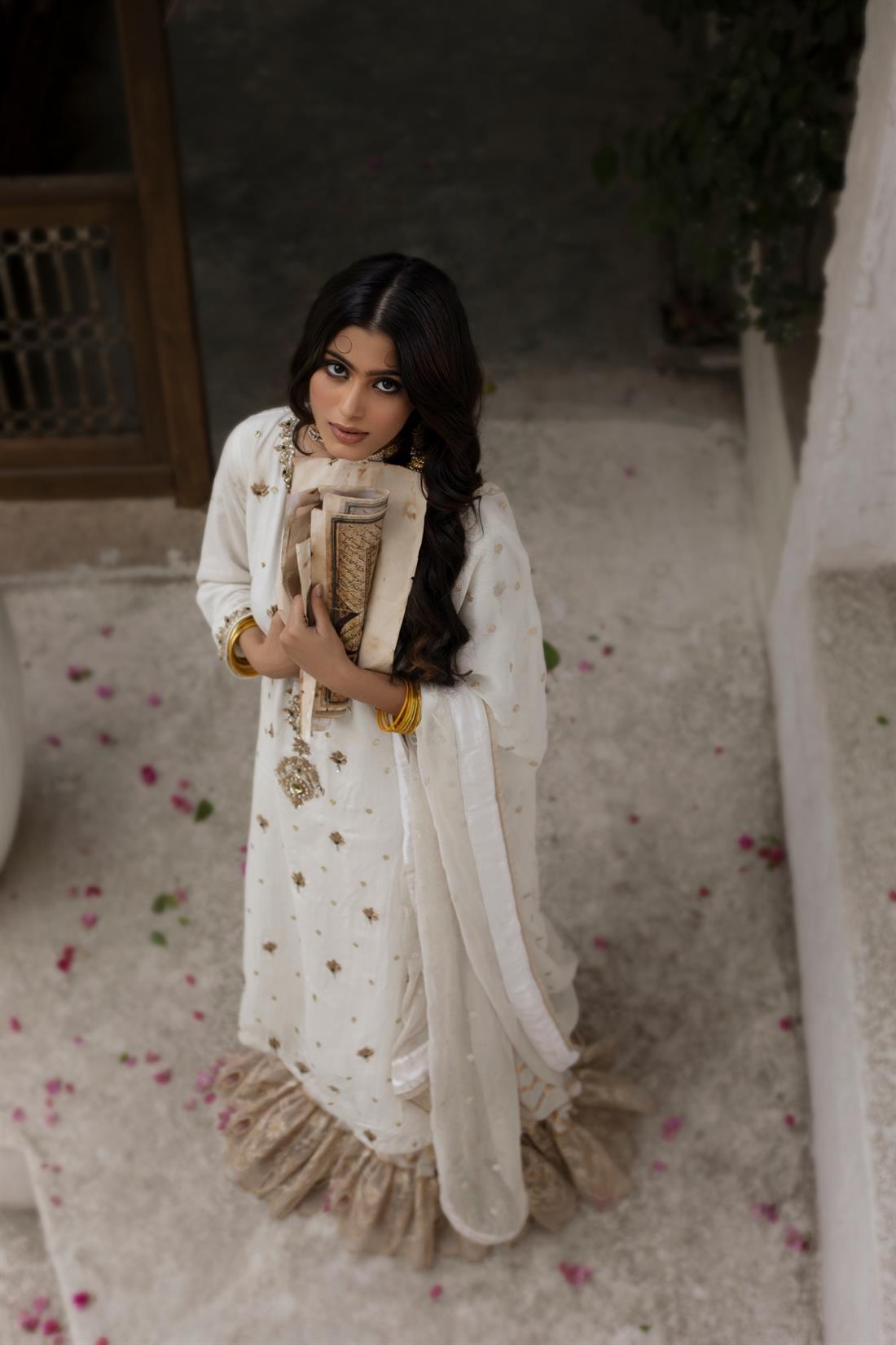 Off White Embroidered Raw Silk Gharara Stunning Party Wear