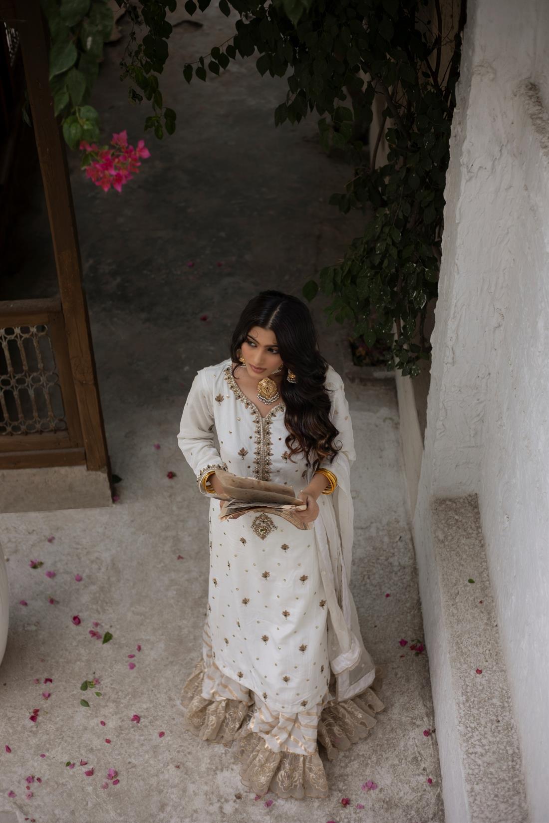 Off White Embroidered Raw Silk Gharara Stunning Party Wear