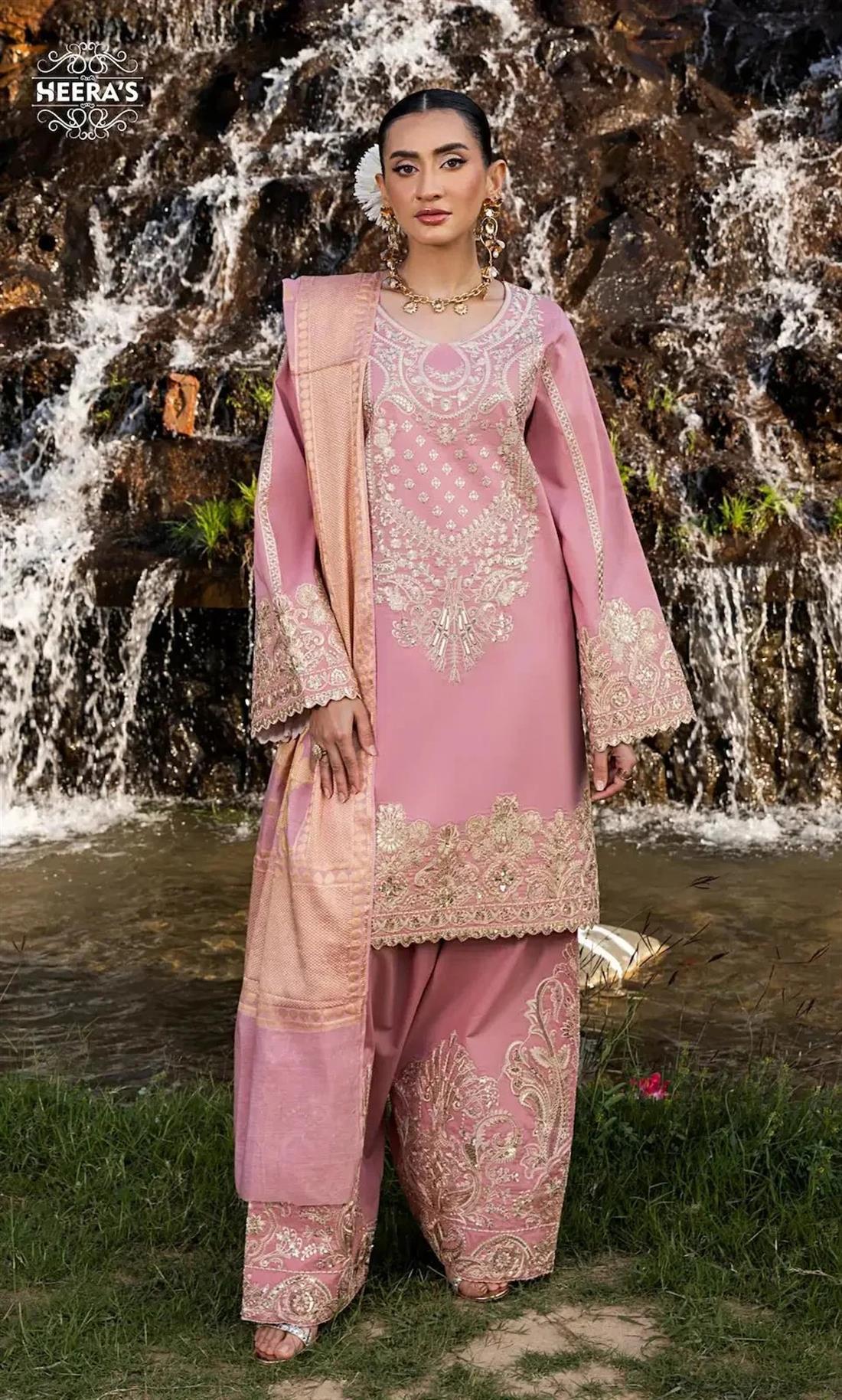 Pink Jacquard Ladies Embroidered Cotton Suit
