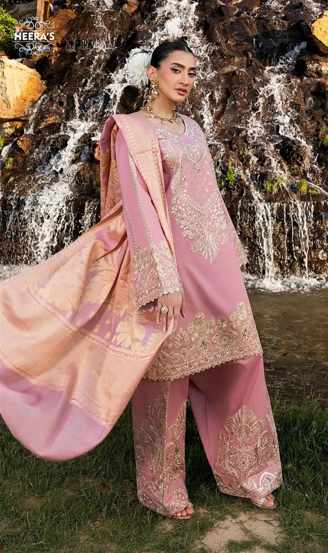 Pink Jacquard Ladies Embroidered Cotton Suit