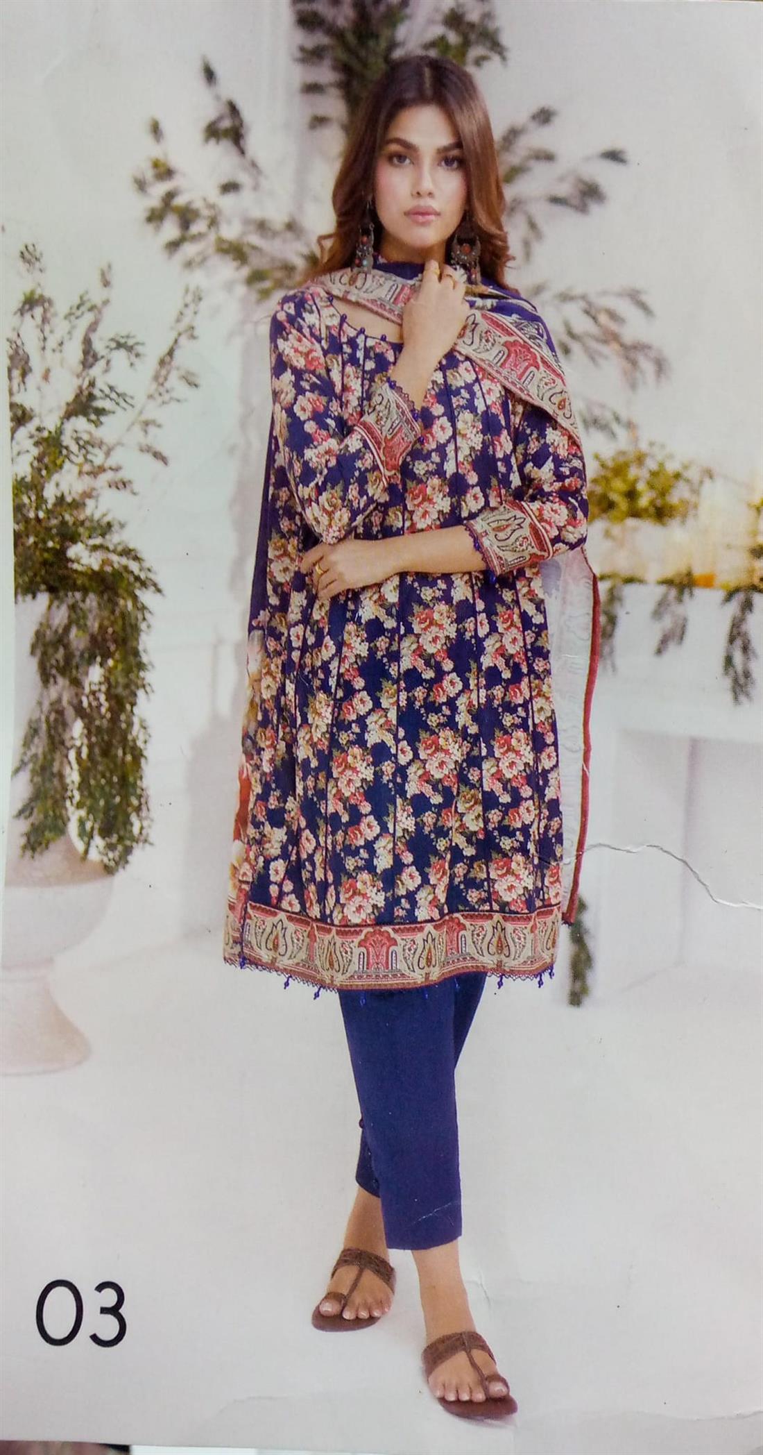 Navy Printed Khaddar Ladies 3 Piece Khadder Suit