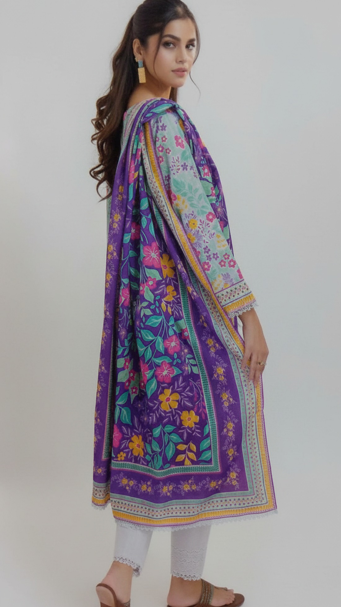 Lilac & Multicolour Printed Khaddar Ladies 3 Piece Khadder Suit