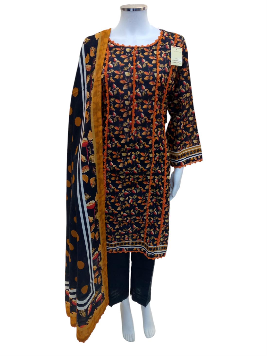 Black & Orange Printed Khaddar Ladies 3 Piece Khadder Suit
