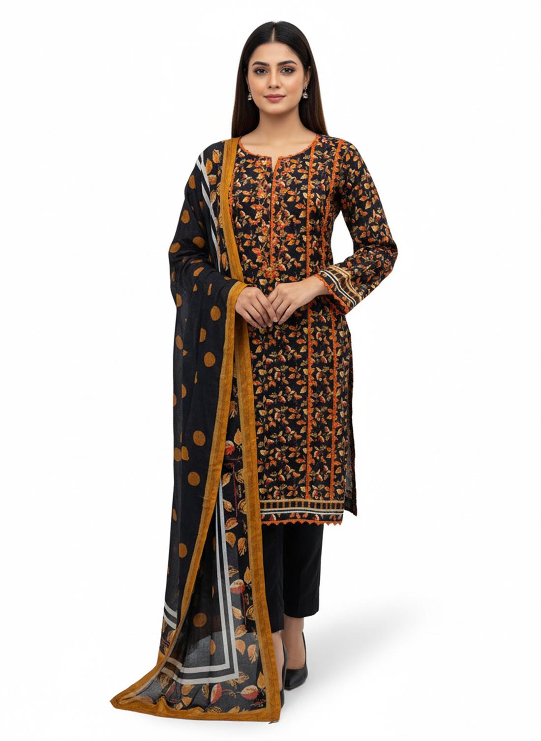 Black & Orange Printed Khaddar Ladies 3 Piece Khadder Suit