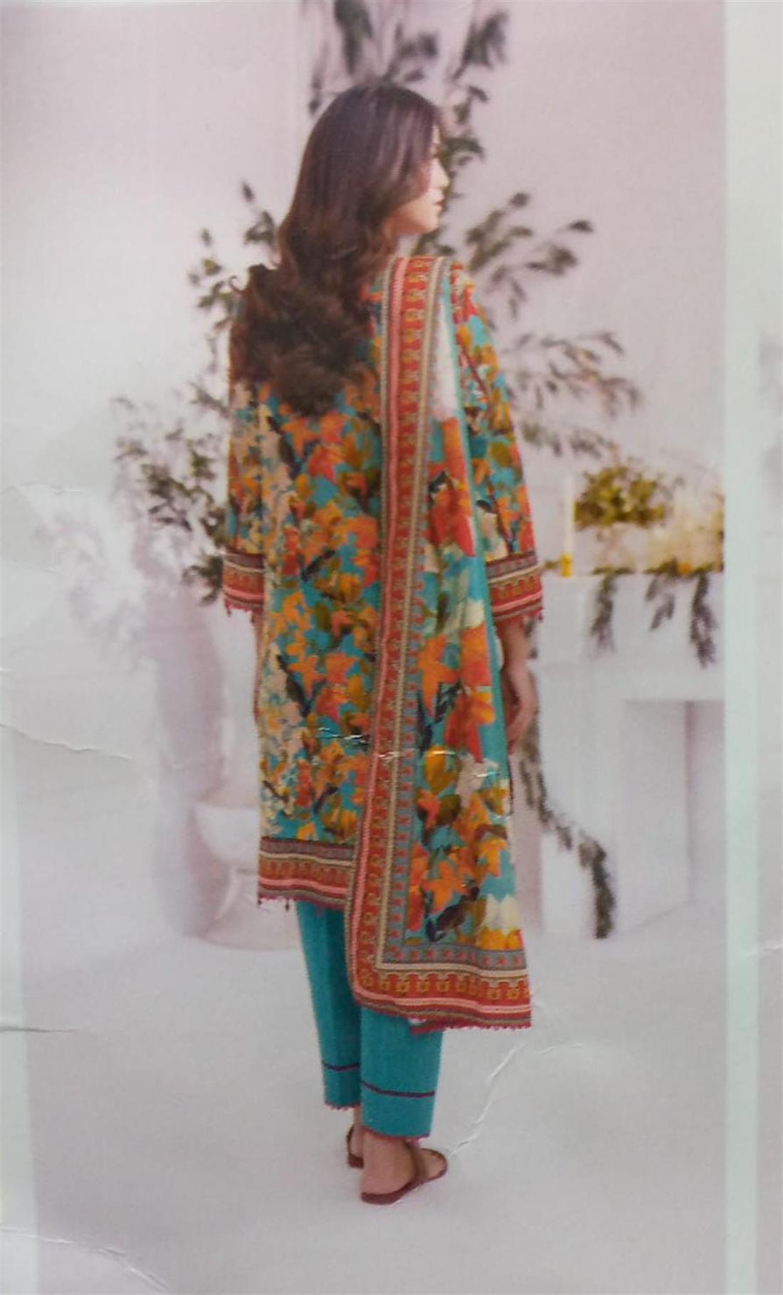Turquise & Multicolour Printed Khaddar Ladies 3 Piece Khadder Suit