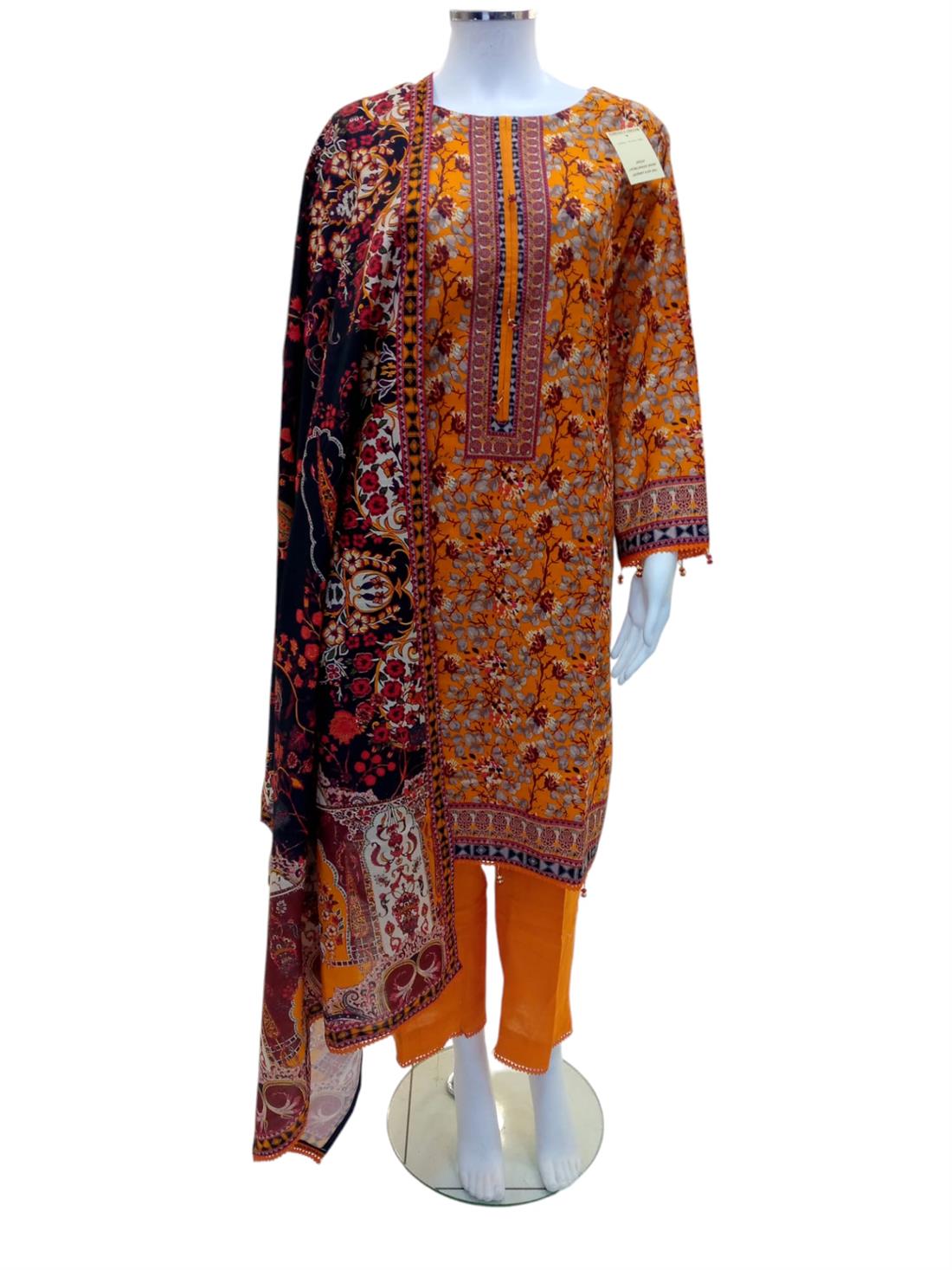 Orange Beaded Khaddar Ladies 3 Piece Khadder Suit