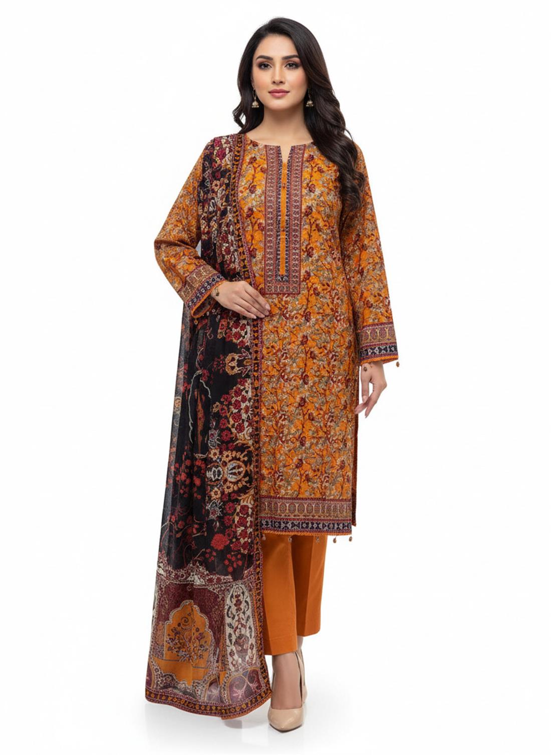 Orange Beaded Khaddar Ladies 3 Piece Khadder Suit
