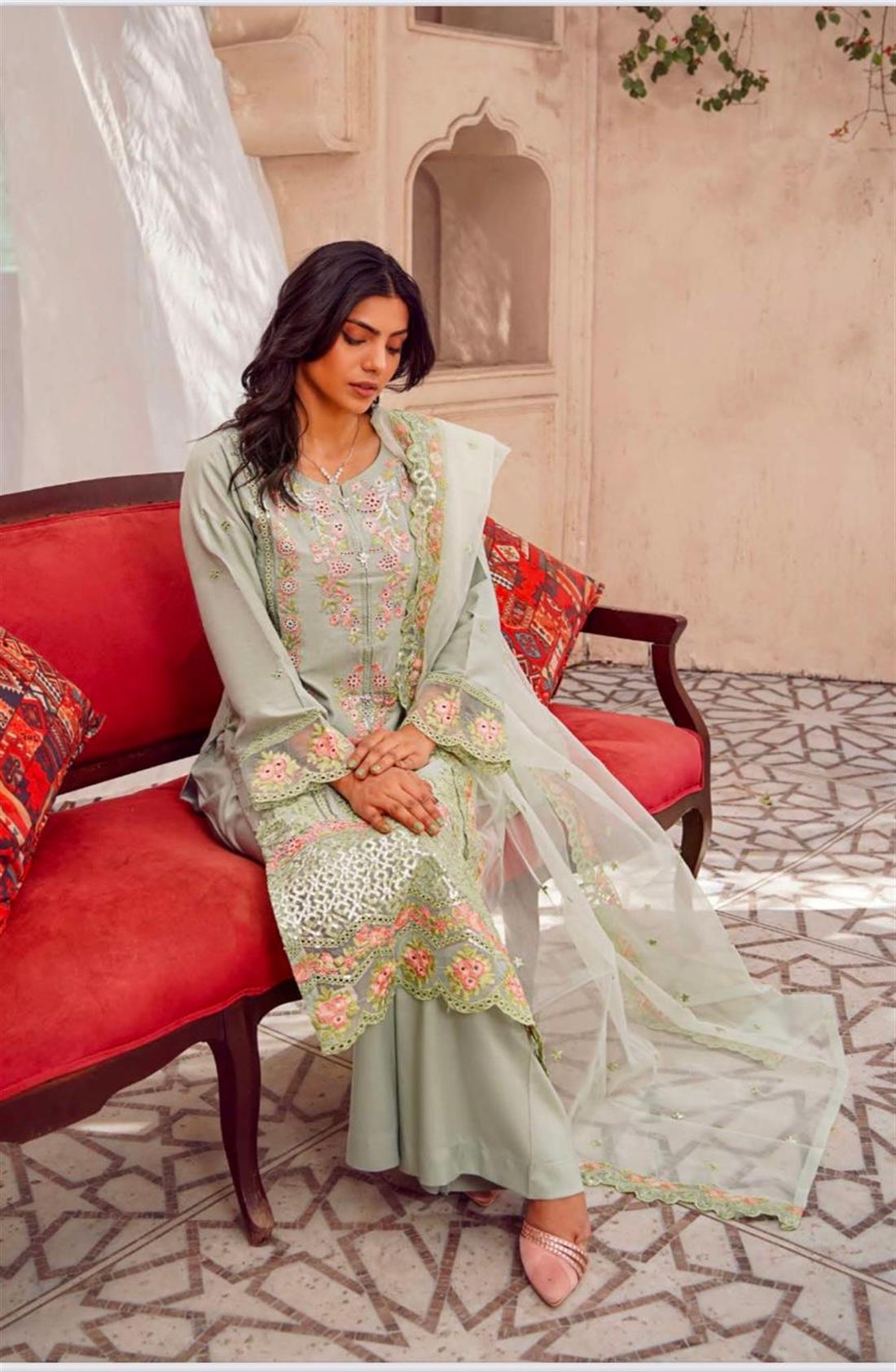 Mint Organza Ladies Sequin and Embroided Cotton Collection