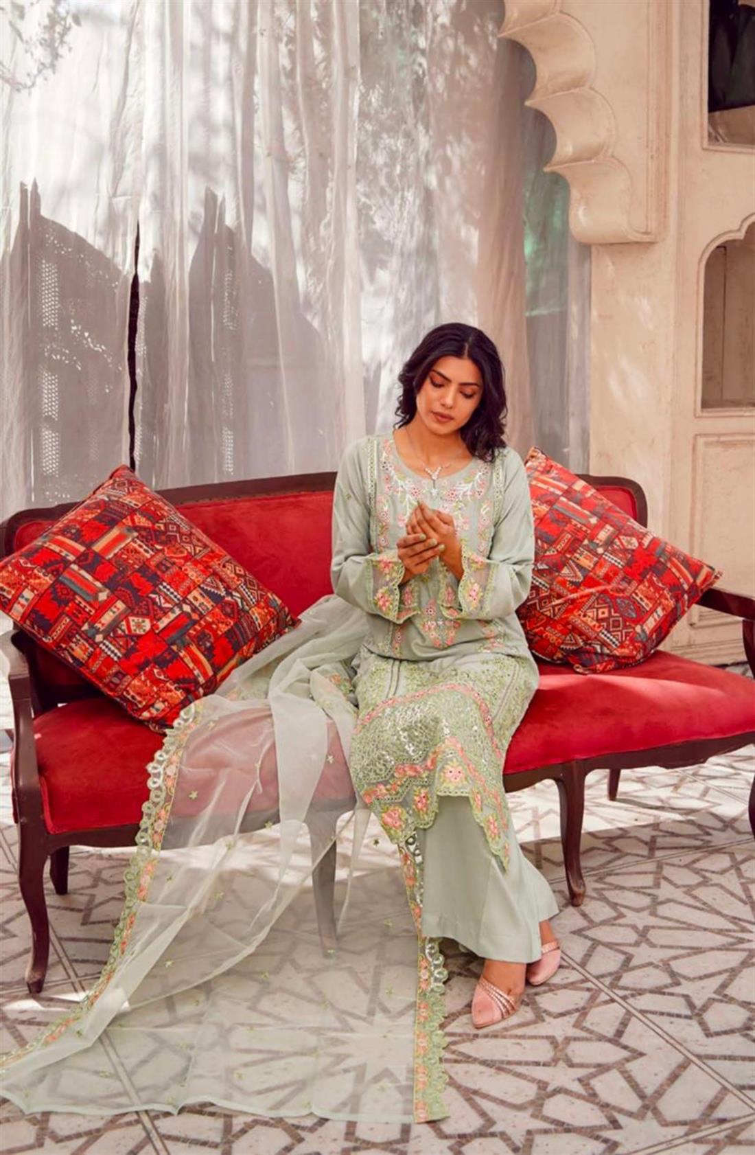 Mint Organza Ladies Sequin and Embroided Cotton Collection