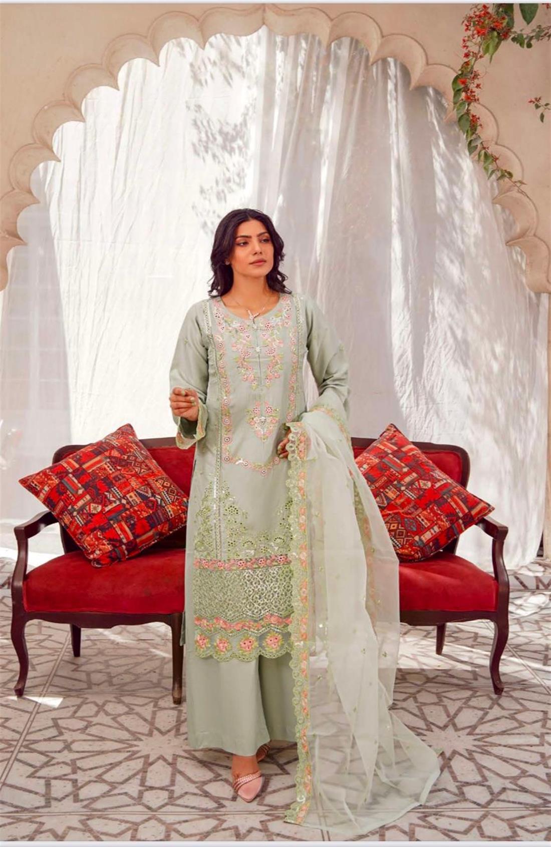 Mint Organza Ladies Sequin and Embroided Cotton Collection
