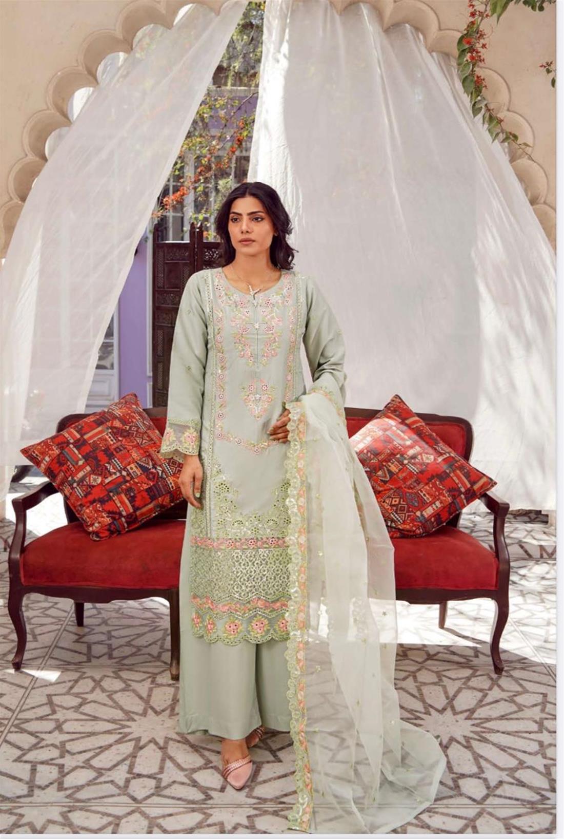 Mint Organza Ladies Sequin and Embroided Cotton Collection