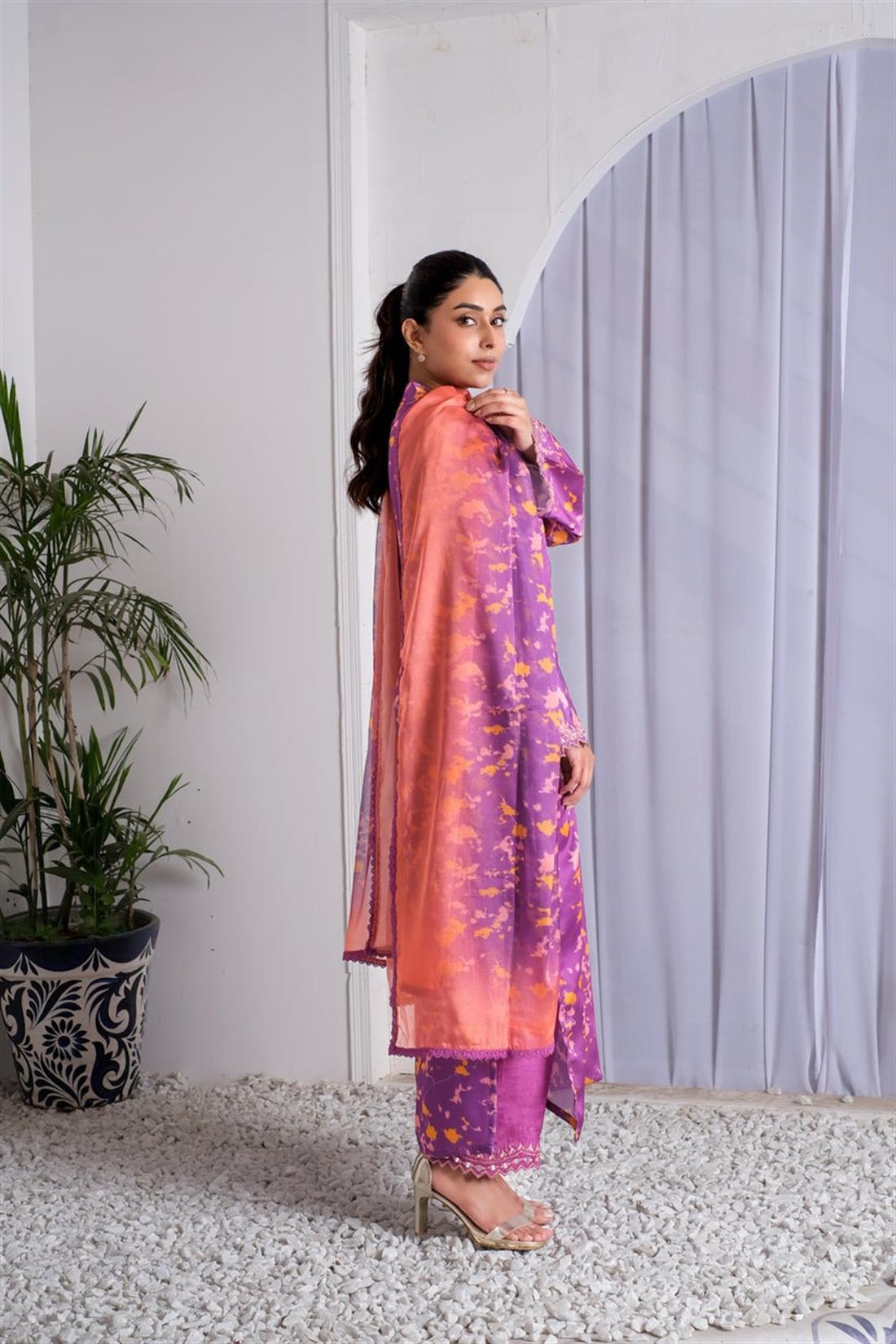 Purple Mirror Work Raw Silk Ladies Pret