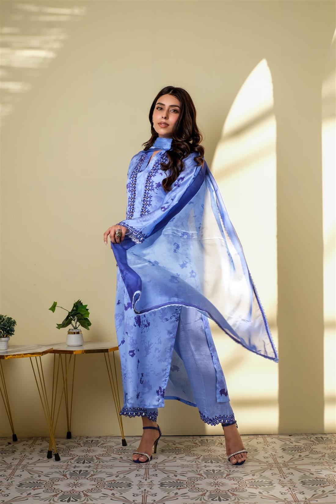 Blue Mirror Work Raw Silk Ladies Pret