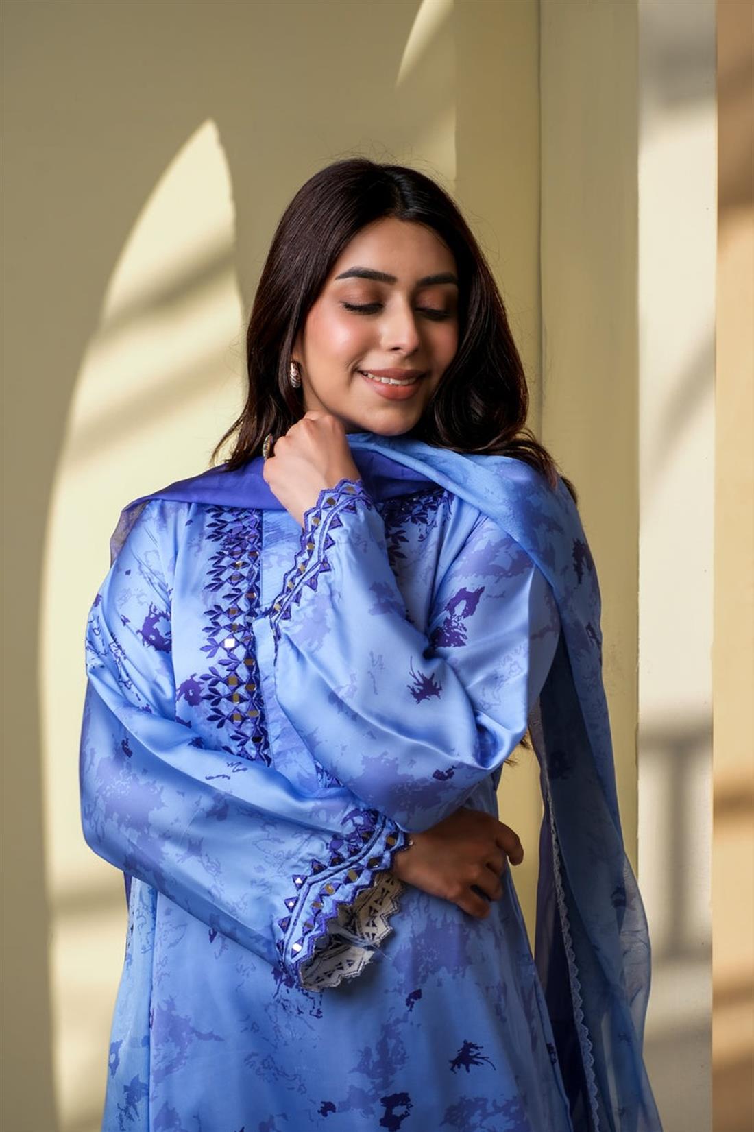 Blue Mirror Work Raw Silk Ladies Pret