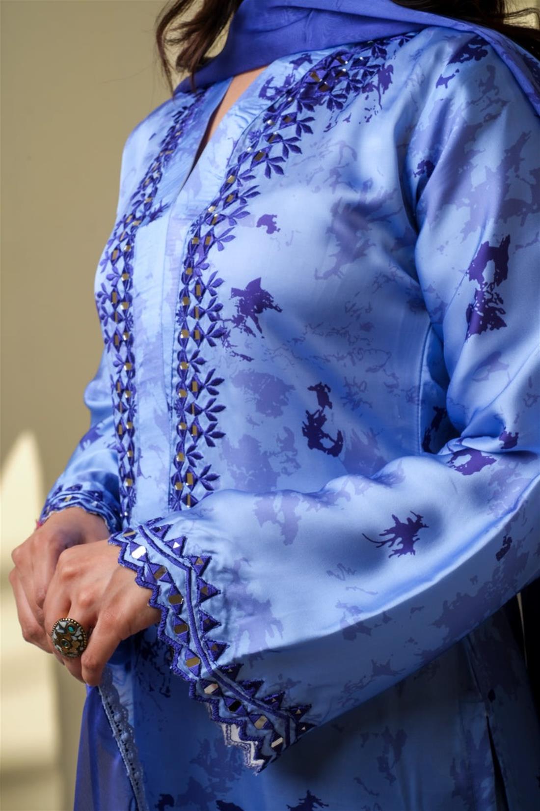 Blue Mirror Work Raw Silk Ladies Pret
