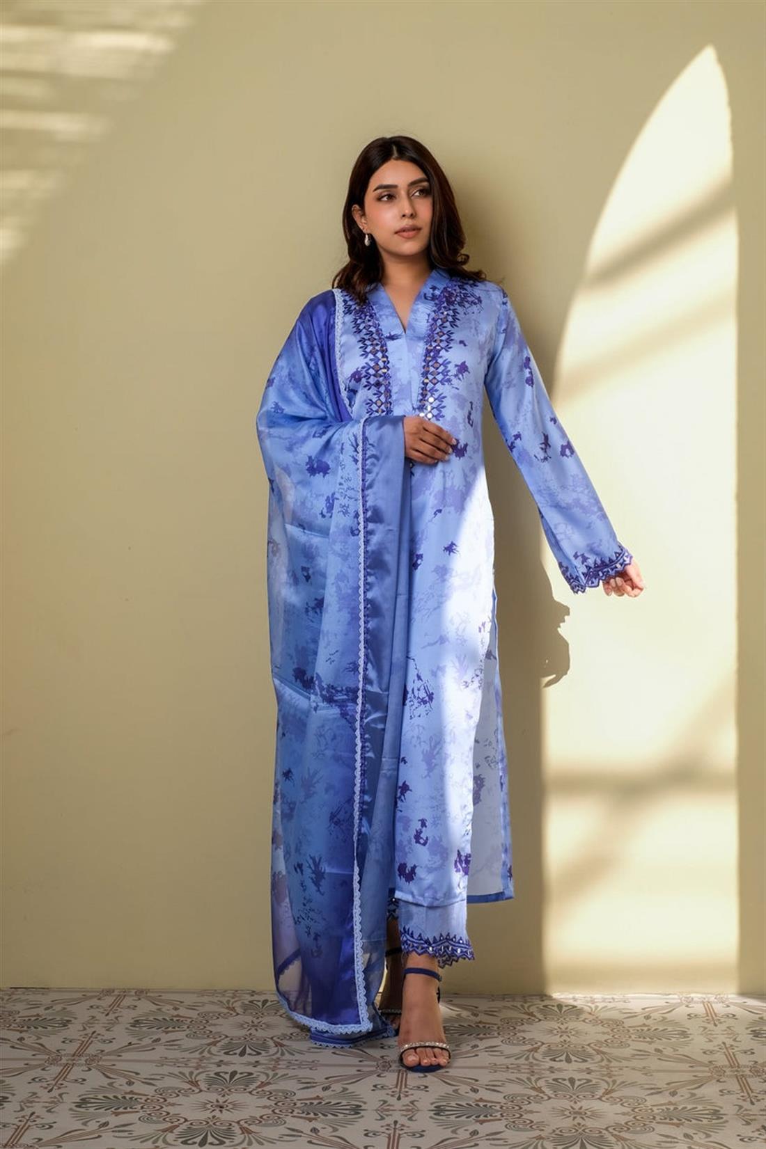 Blue Mirror Work Raw Silk Ladies Pret