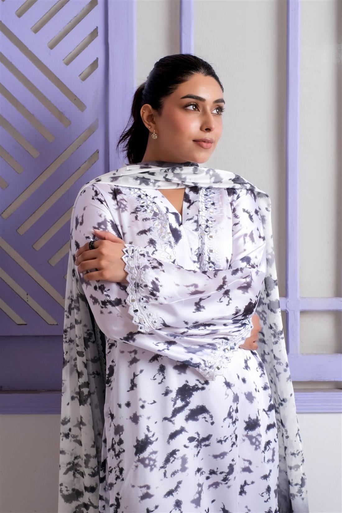 White Mirror Work Raw Silk Ladies Pret