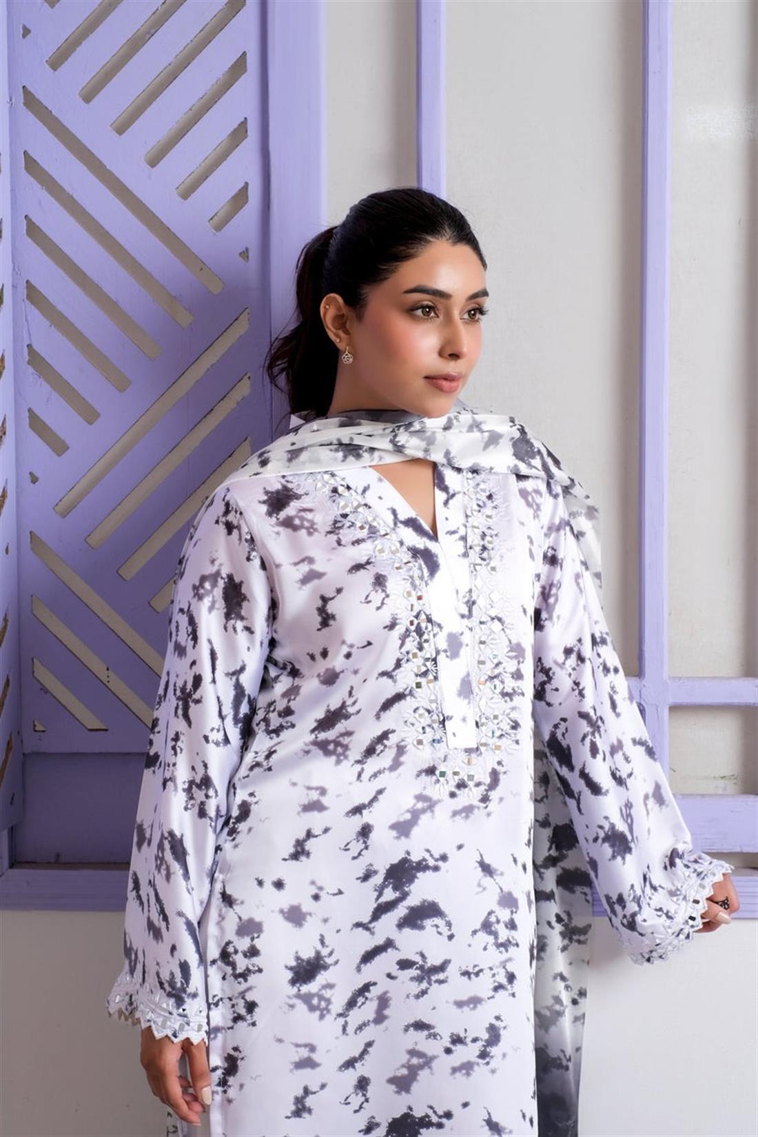 White Mirror Work Raw Silk Ladies Pret