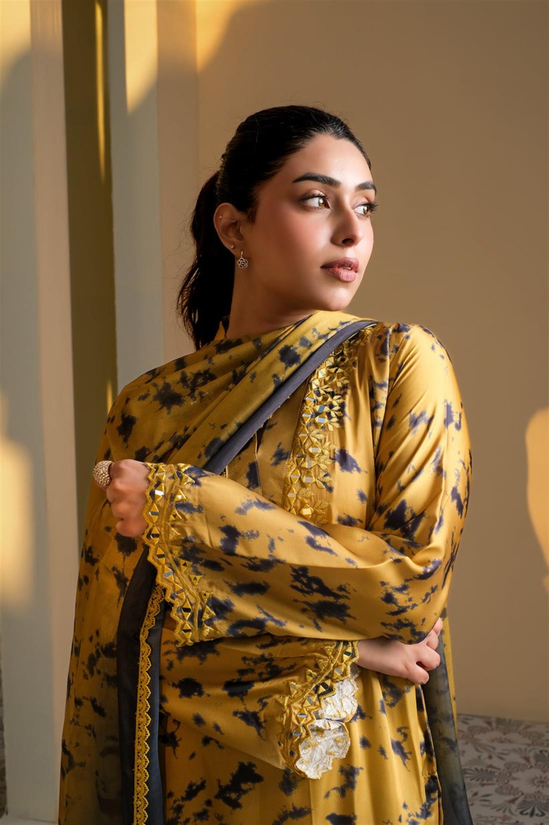 Mustard Mirror Work Raw Silk Ladies Pret