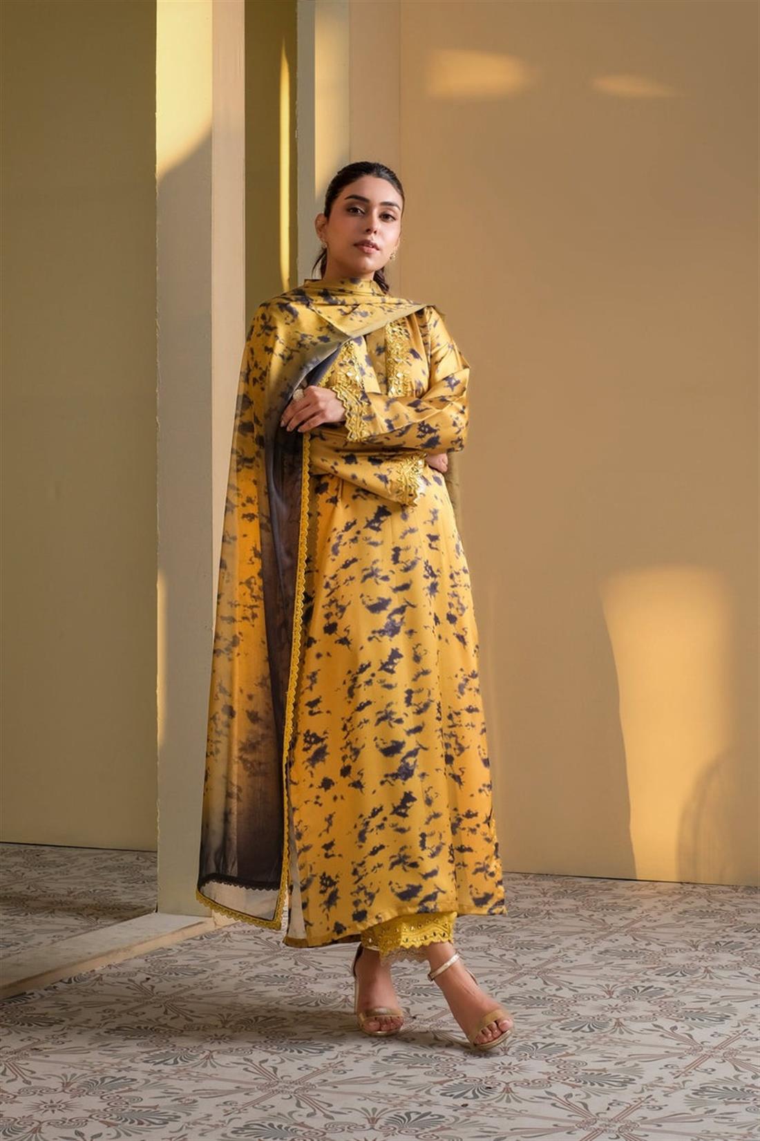 Mustard Mirror Work Raw Silk Ladies Pret