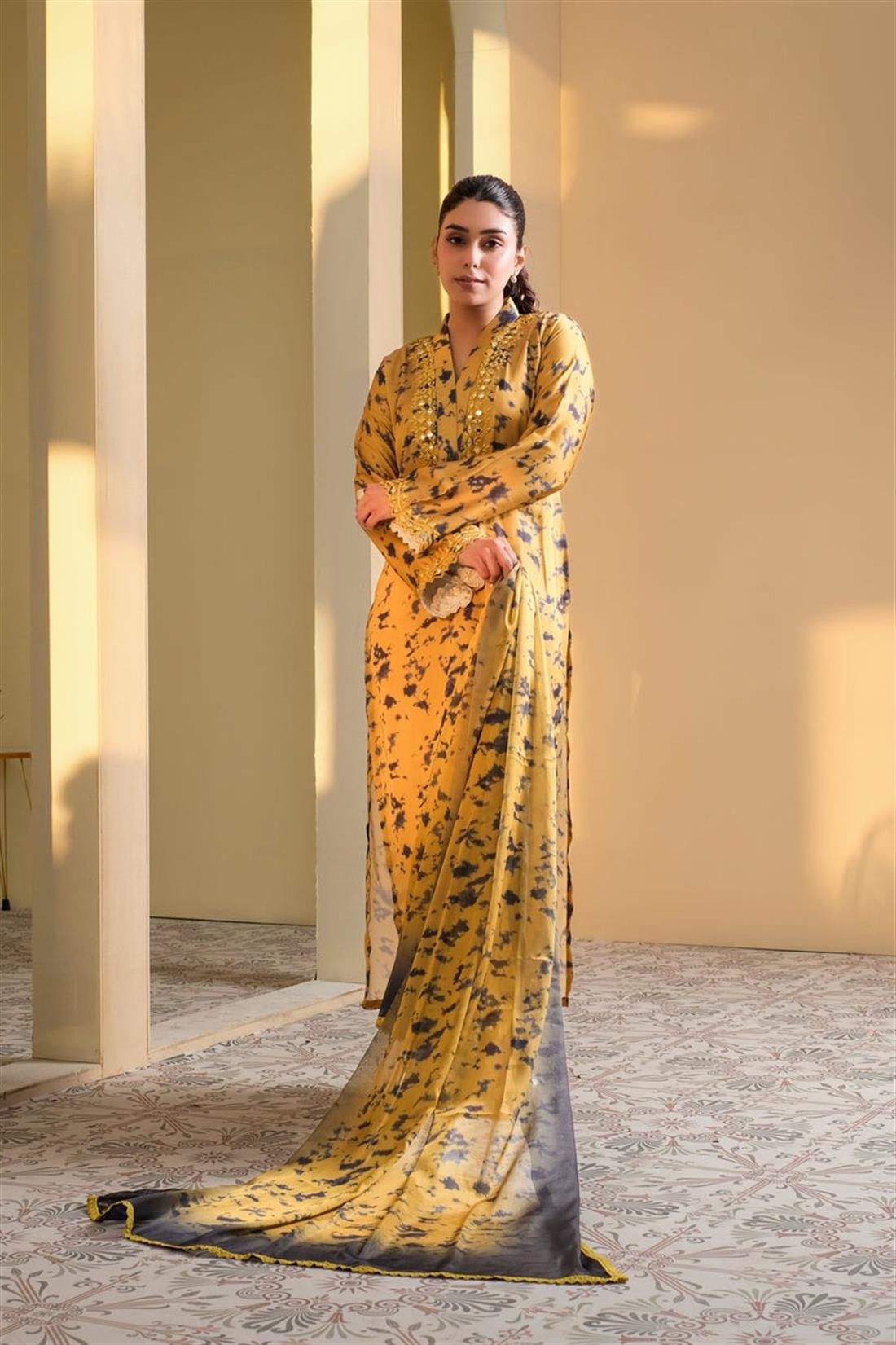 Mustard Mirror Work Raw Silk Ladies Pret