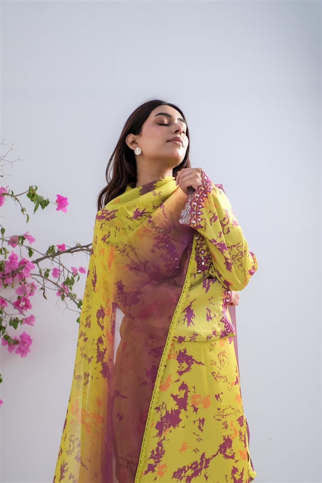 Lime Green Mirror Work Raw Silk Ladies Pret