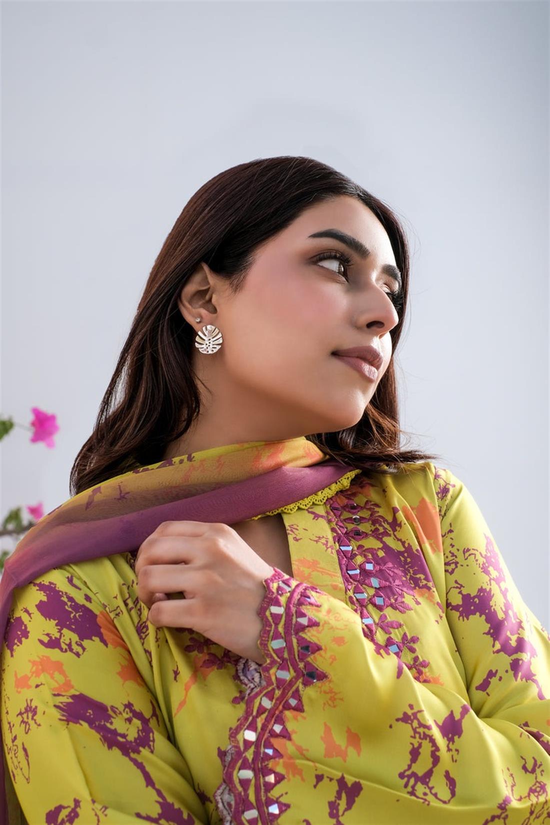 Lime Green Mirror Work Raw Silk Ladies Pret