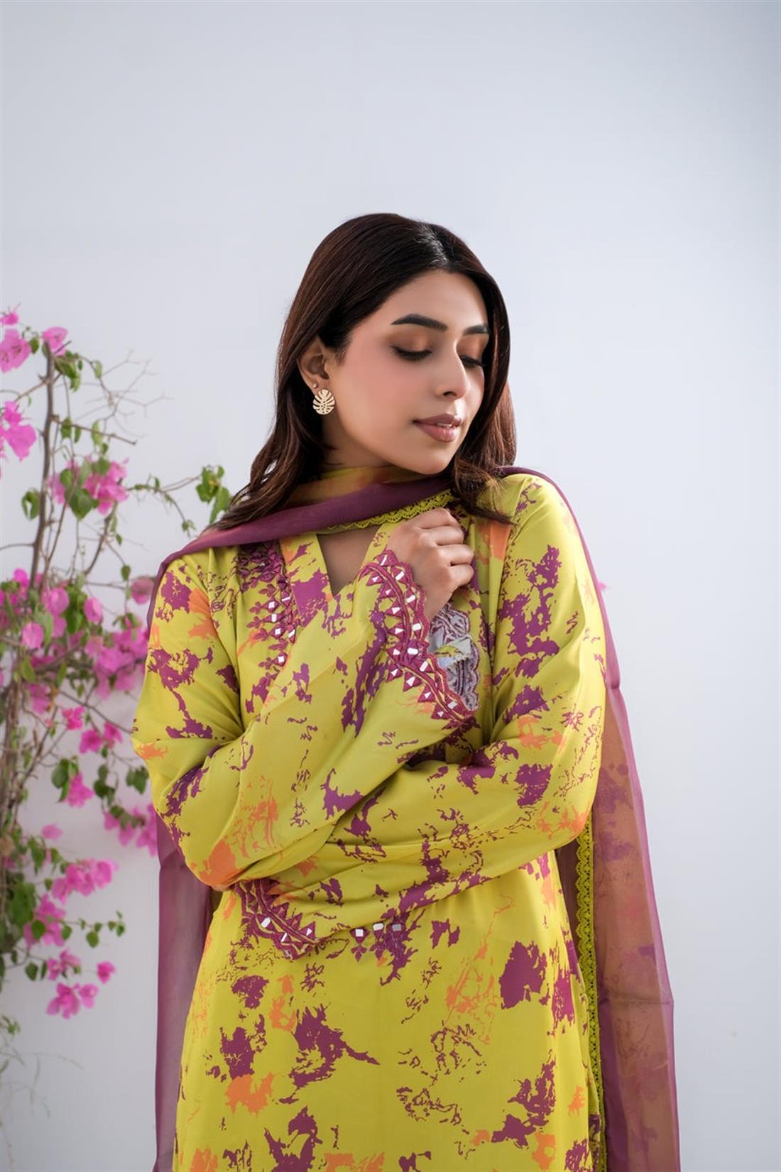 Lime Green Mirror Work Raw Silk Ladies Pret