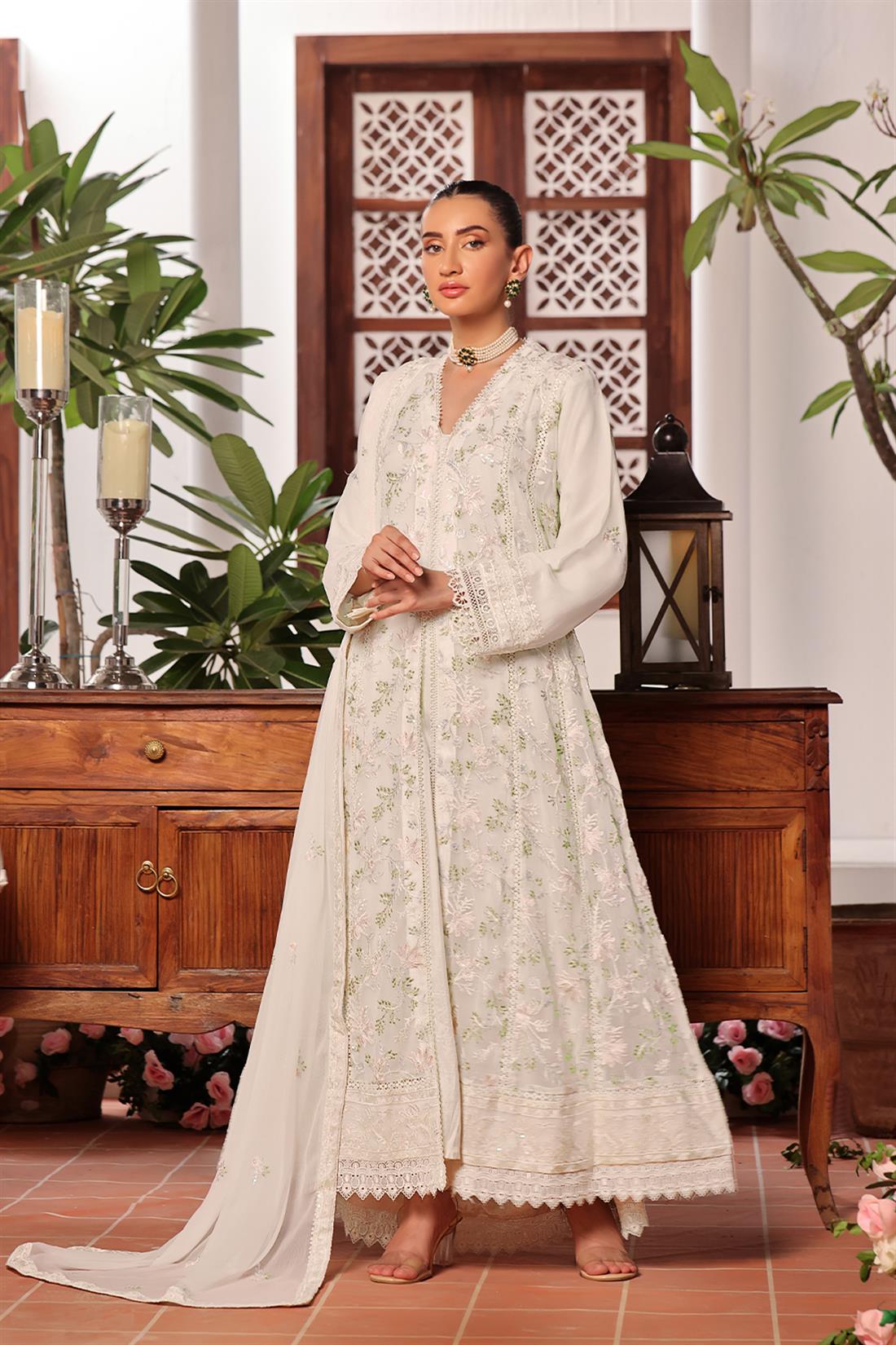 Off White Raw Silk Ladies Chiffon Embroidered Long Dress