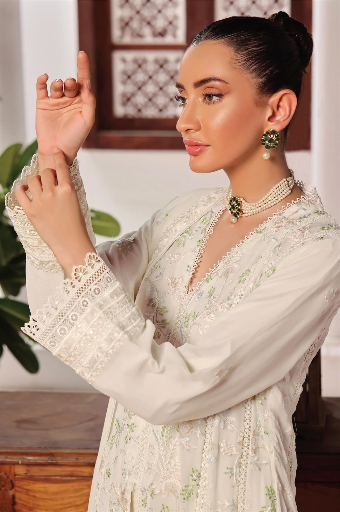 Off White Raw Silk Ladies Chiffon Embroidered Long Dress