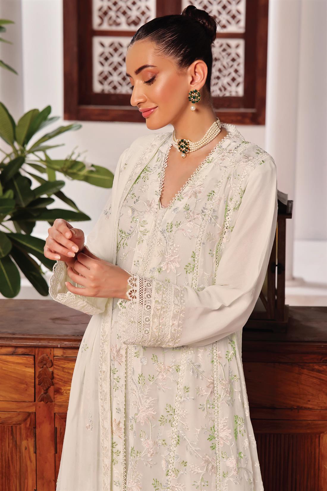 Off White Raw Silk Ladies Chiffon Embroidered Long Dress