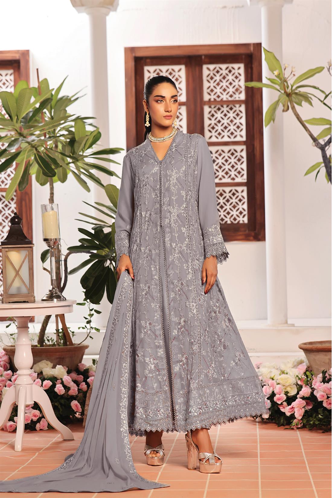 Grey Raw Silk Ladies Chiffon Embroidered Long Dress