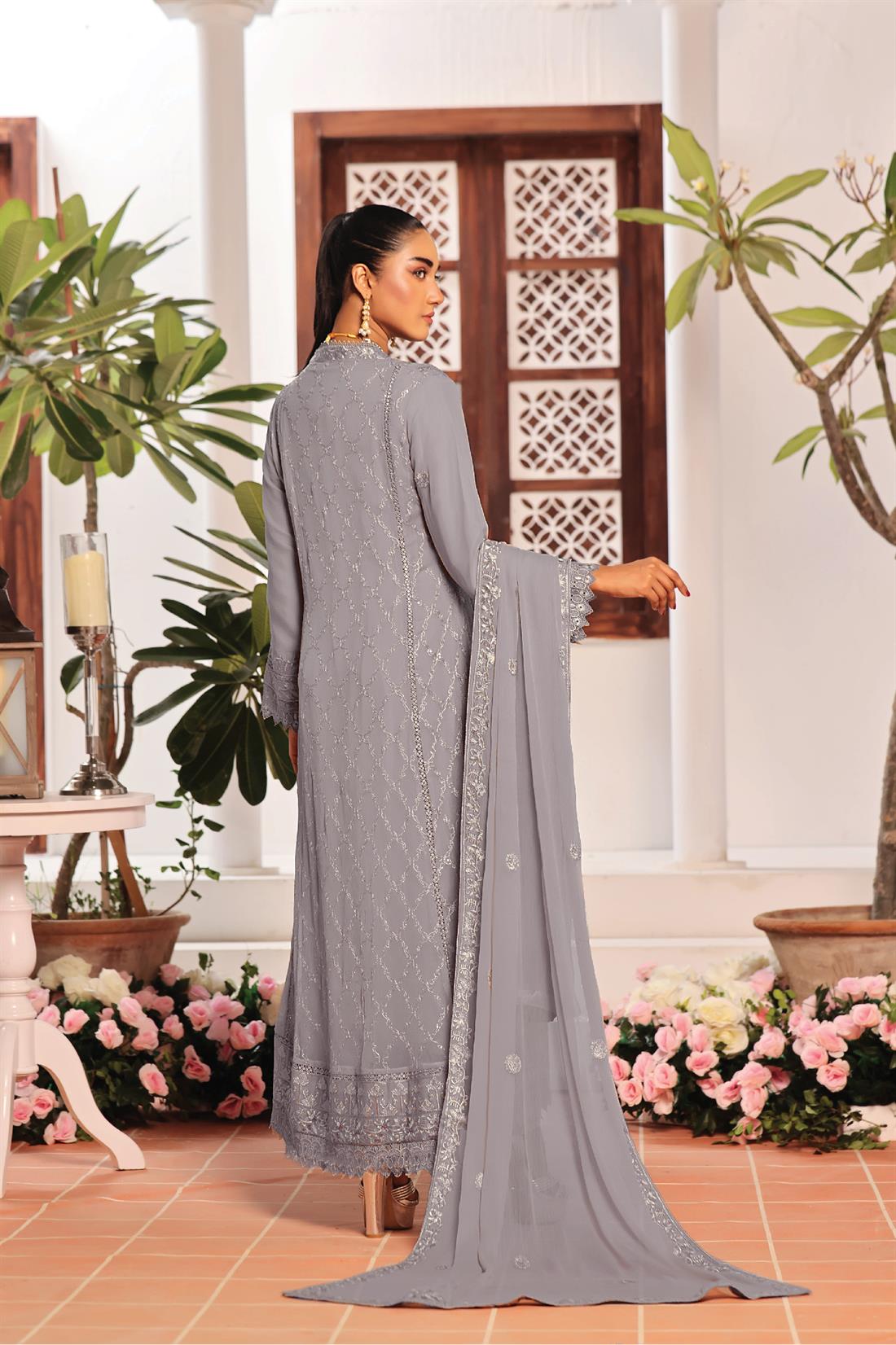 Grey Raw Silk Ladies Chiffon Embroidered Long Dress