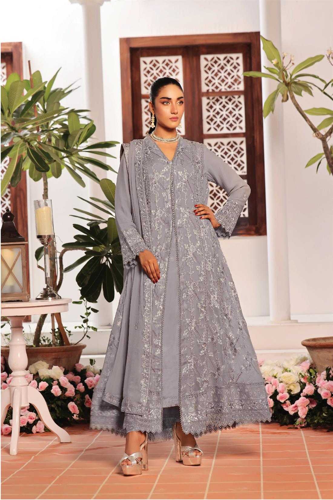 Grey Raw Silk Ladies Chiffon Embroidered Long Dress