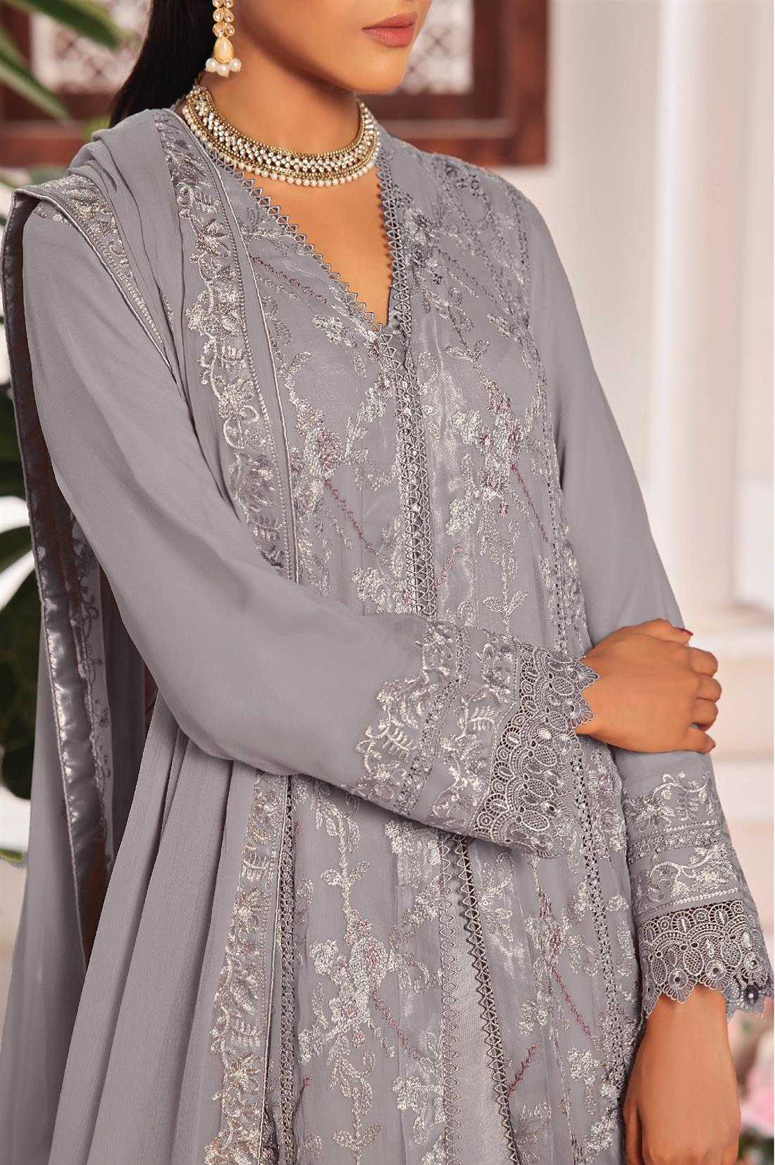 Grey Raw Silk Ladies Chiffon Embroidered Long Dress