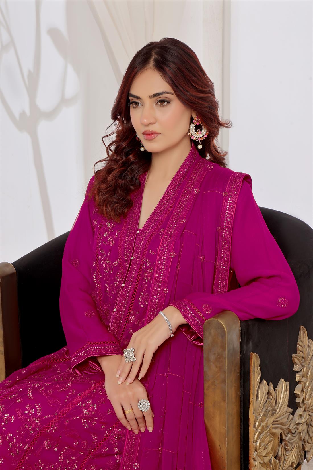 Magenta Raw Silk Ladies Chiffon Embroidered Chikan Kaari Long Dress
