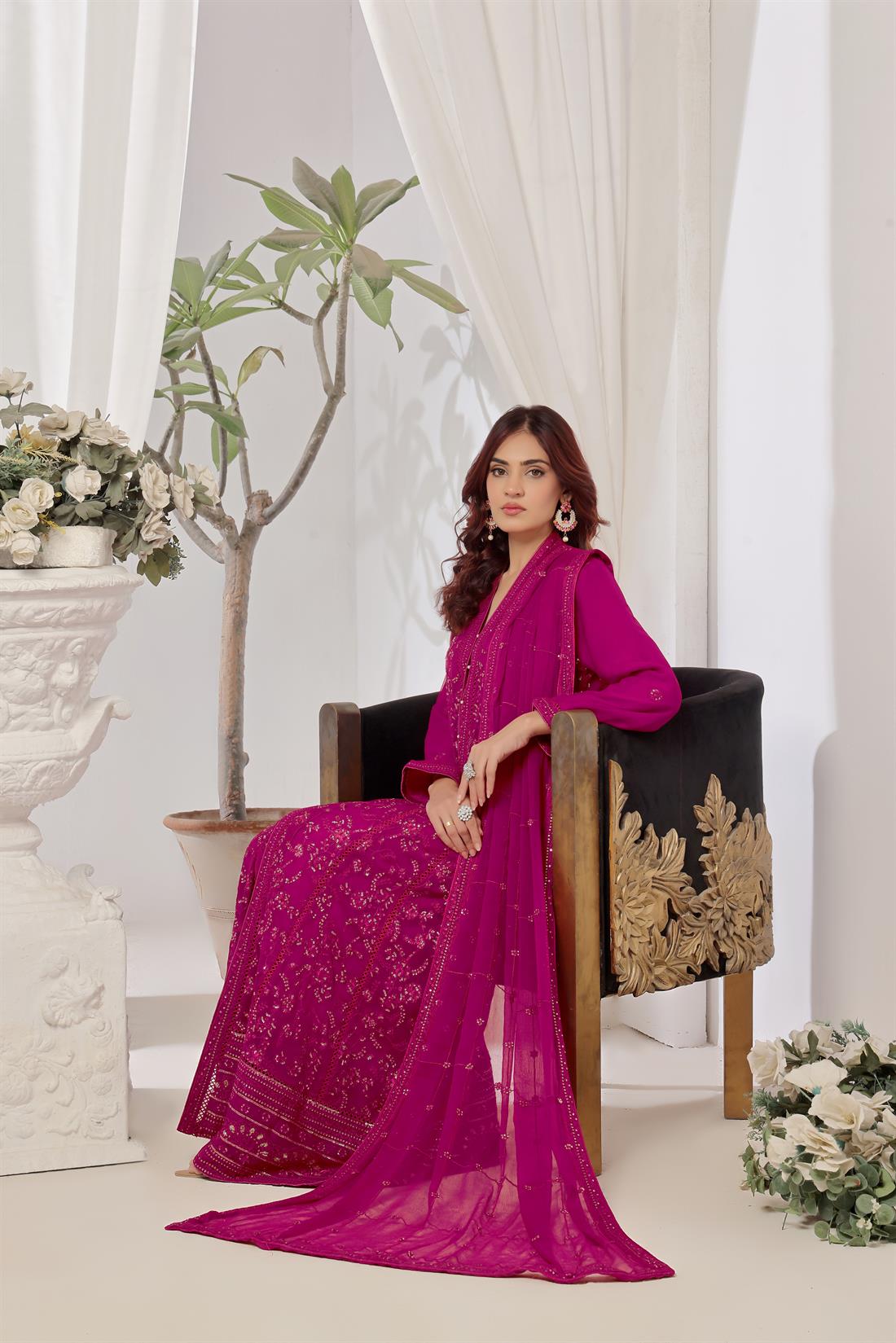 Magenta Raw Silk Ladies Chiffon Embroidered Chikan Kaari Long Dress